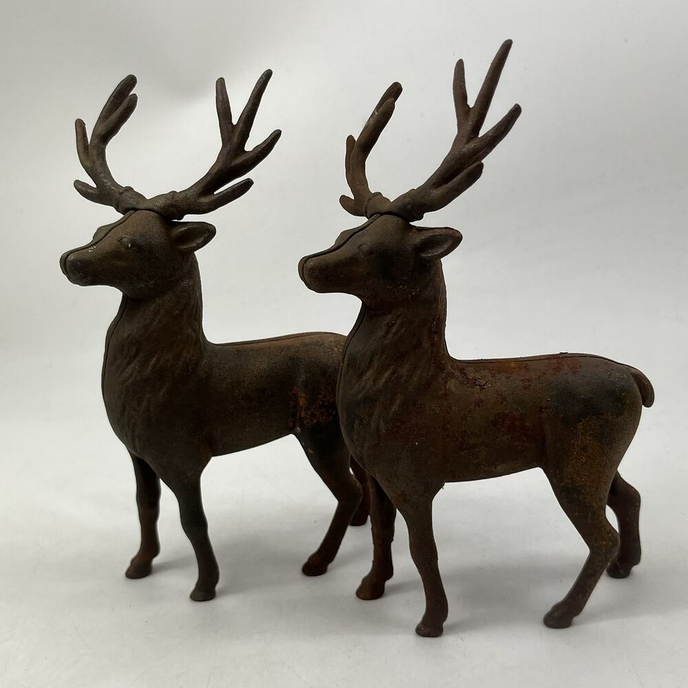 Vintage Cast Iron Deer Bank Set of 2 Reindeer 8.5 Inch Rustic Lodge Decor Figure